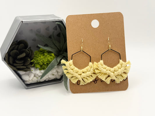 Light Yellow Macramé Hexagon Earrings | Handmade Boho Fringe Earrings