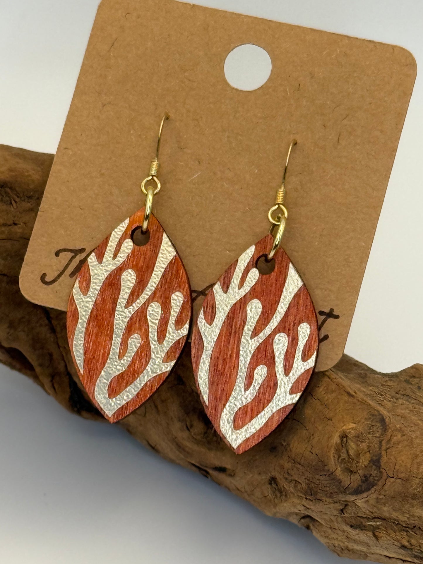 Amber & Gold Coral Wood Earrings | Metallic Coastal Dangles