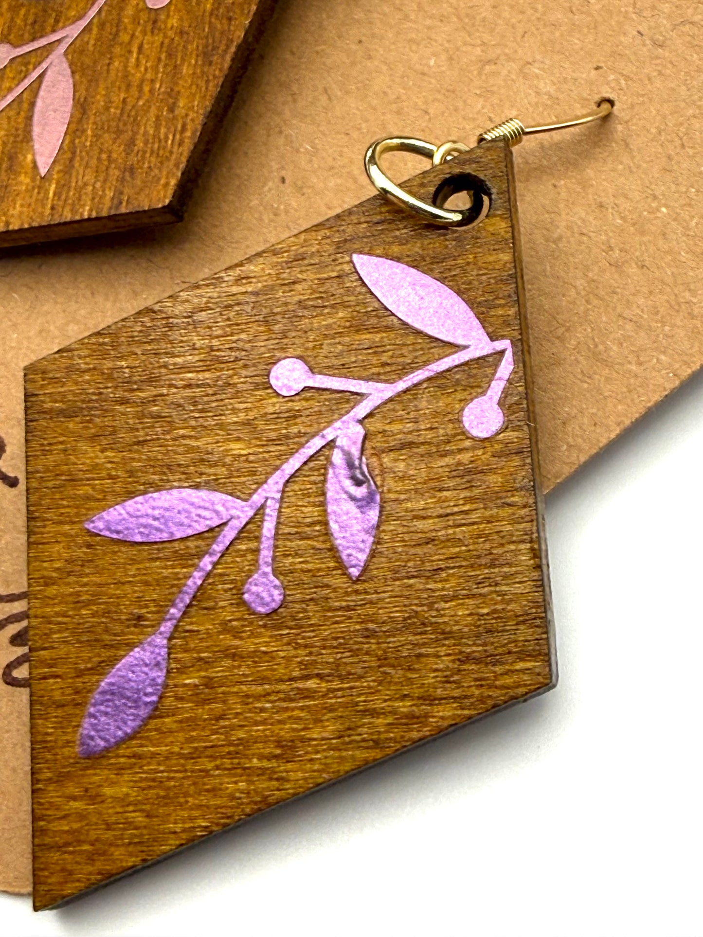 Almost Perfect – Purple Holographic Botanical Wood Earrings
