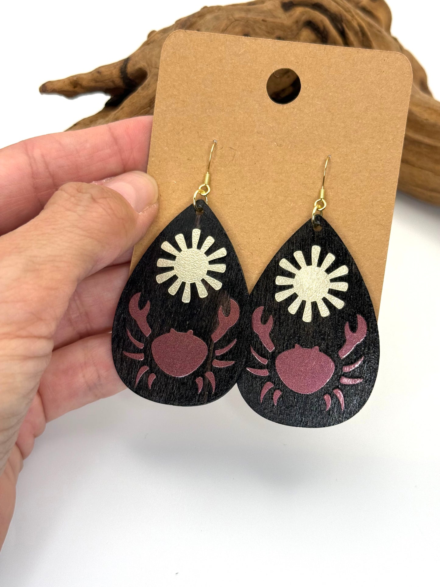 Coastal Crab Wood Earrings | Pink & Gold Botanical Dangles