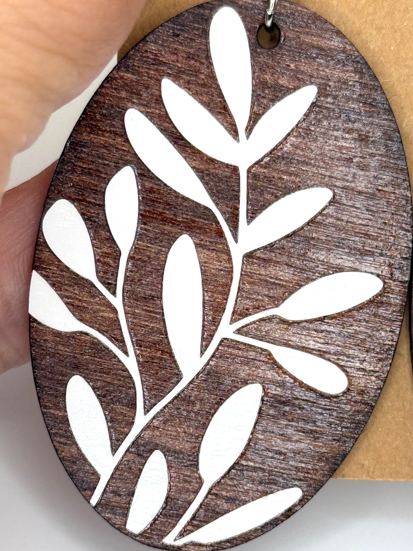 Dark Wood Botanical Earrings | White Leaf Statement Dangles
