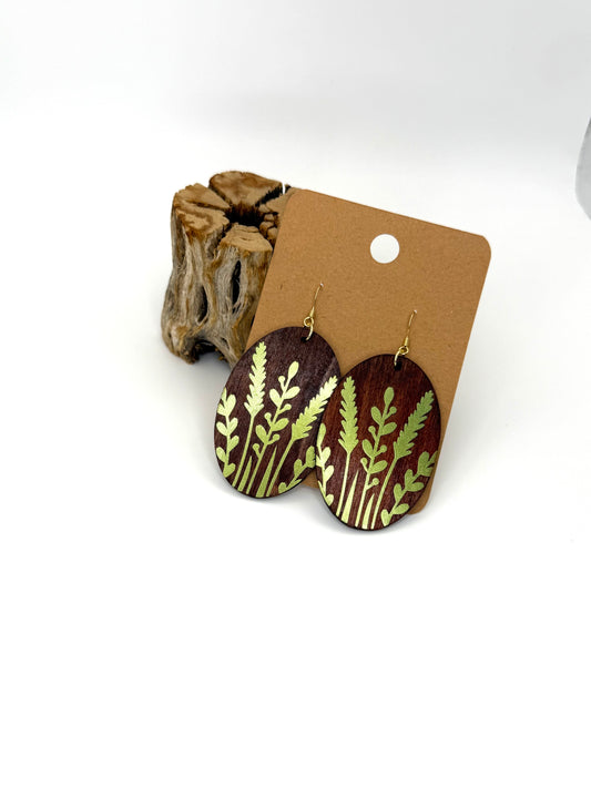 Color Shift Botanical Wood Earrings | Lime to Deep Teal Dangles