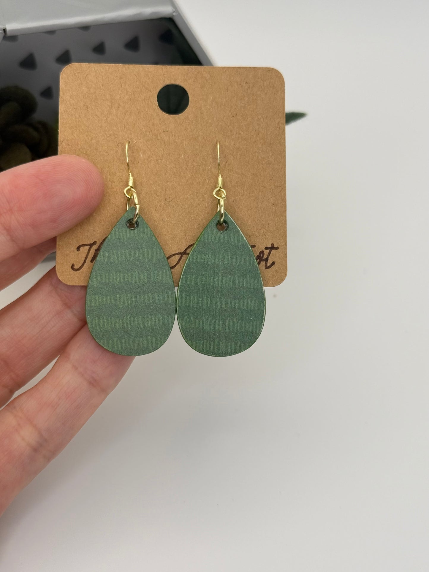 Sage Pattern Wood Earrings | Green Teardrop Drop Earrings
