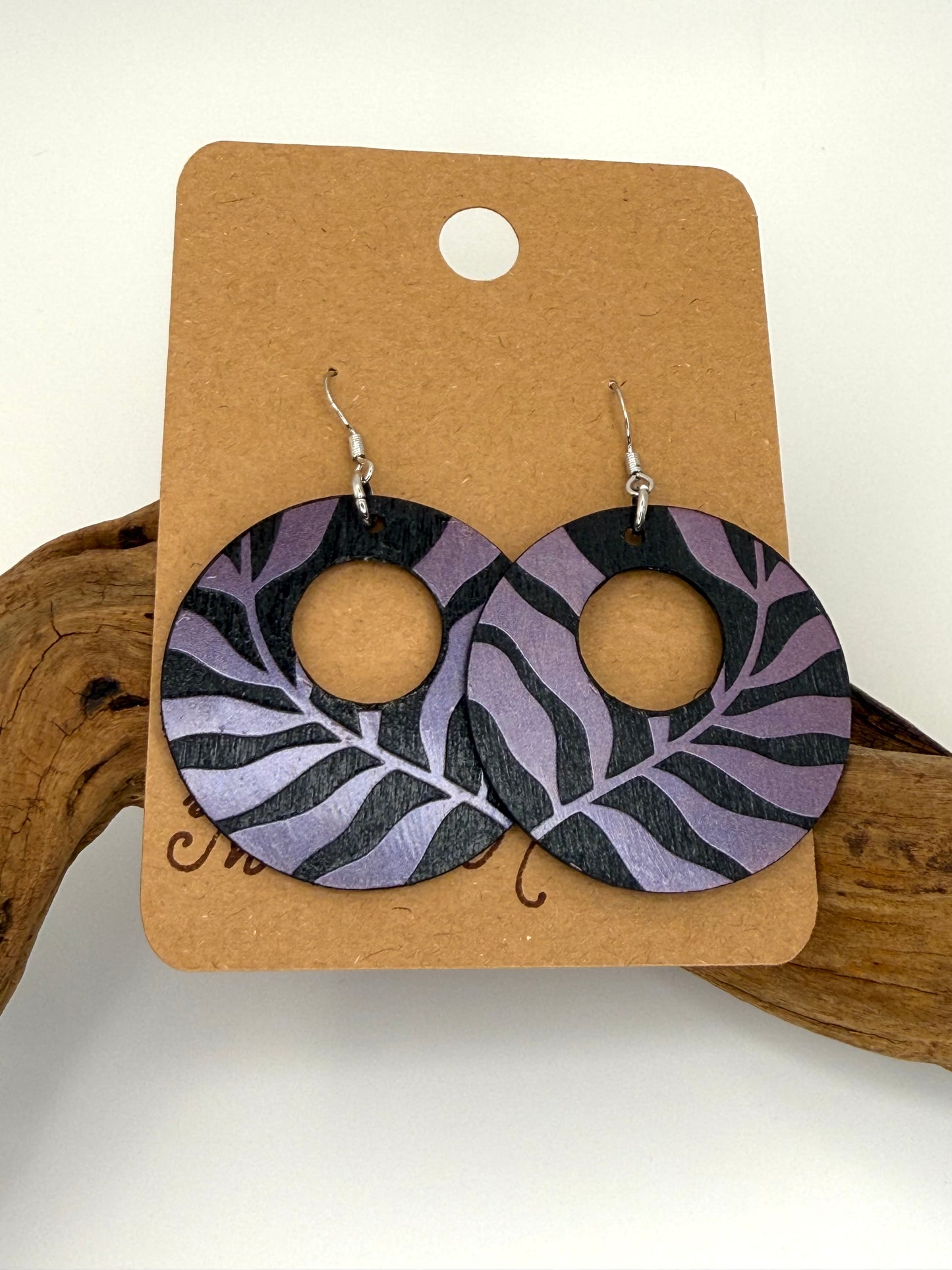 Almost Perfect – Purple Shimmer Botanical Hoop Wood Earrings