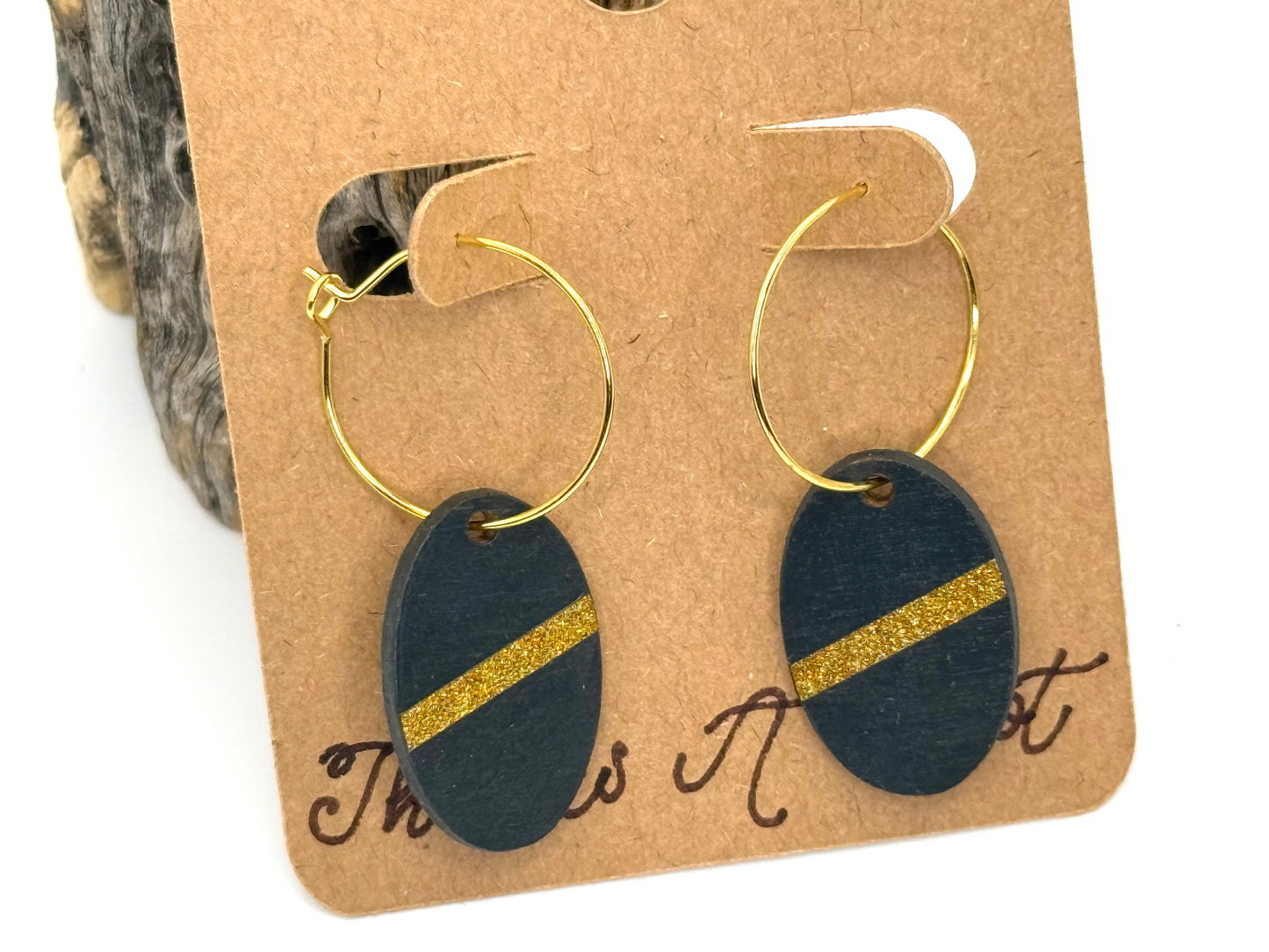 Modern Black & Gold Hoop Earrings | Hand Painted Wood Dangles
