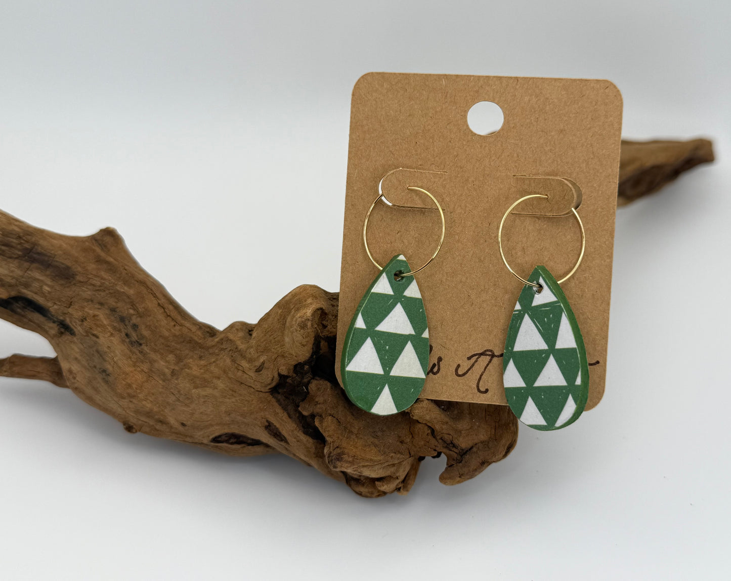 Modern Green Geometric Hoop Earrings | Lightweight Wood Hoops