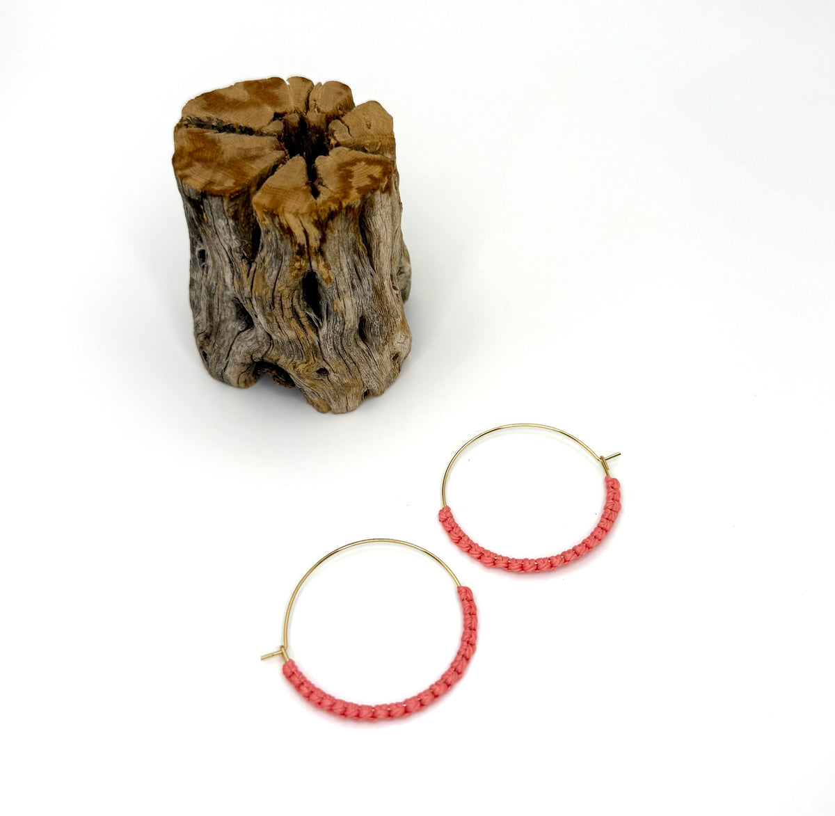 Coral Macrame Hoop Earrings | 35mm Gold Stainless Steel