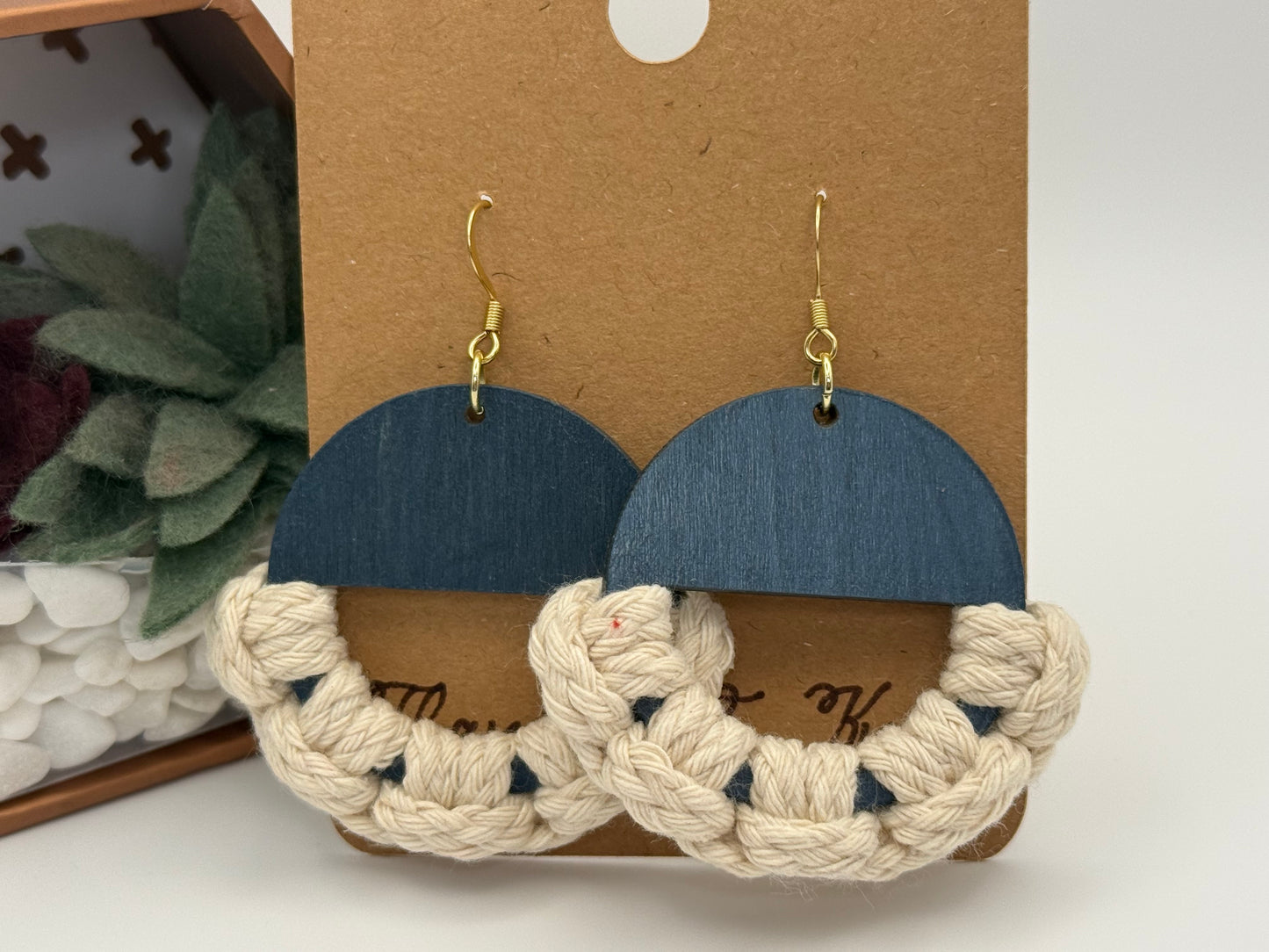 Midnight Macramé Wood Earrings | Hand-Painted Wood & Fiber Art Statement Earrings