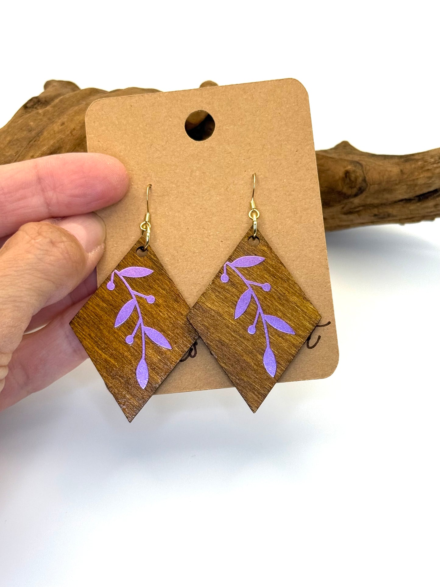 Almost Perfect – Purple Holographic Botanical Wood Earrings
