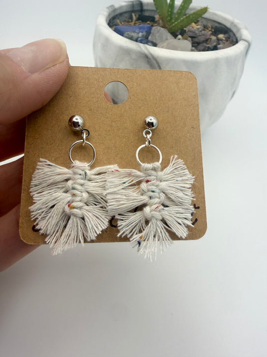 Handmade Micro Macramé Leaf Earrings | Neutral Fiber Statement Earrings
