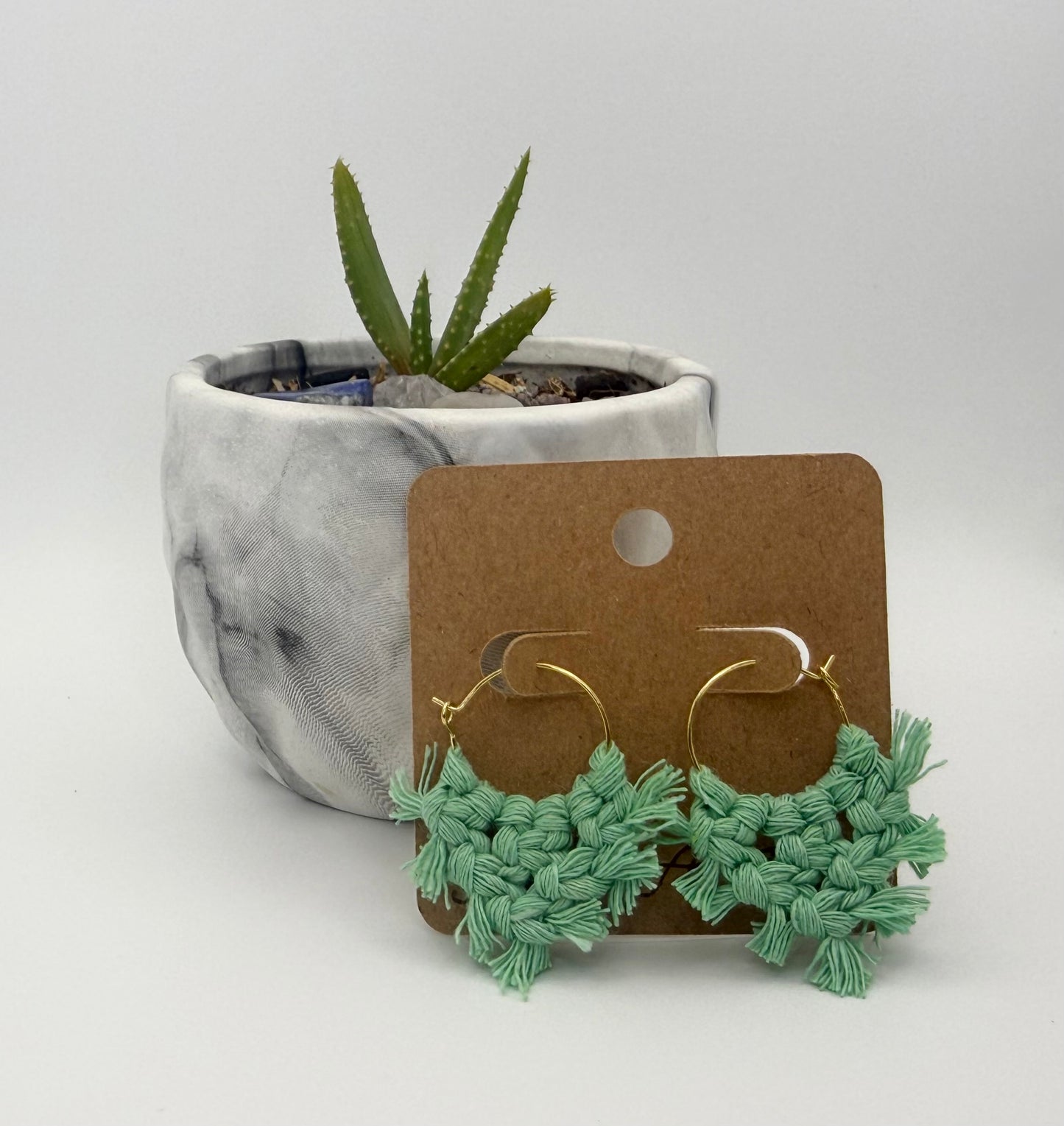 Handmade Macramé Hoop Earrings | Mint Green Fringe Fiber Earrings