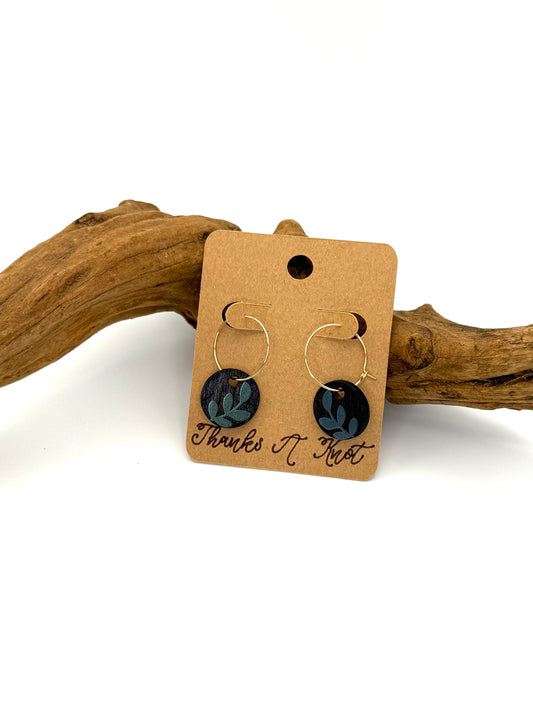 Black Botanical Wood Hoop Earrings | Shimmer Leaf Dangles