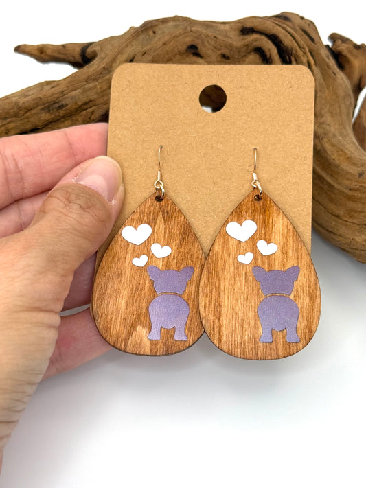 French Bulldog Wood Earrings | Purple Frenchie & Heart Dangles