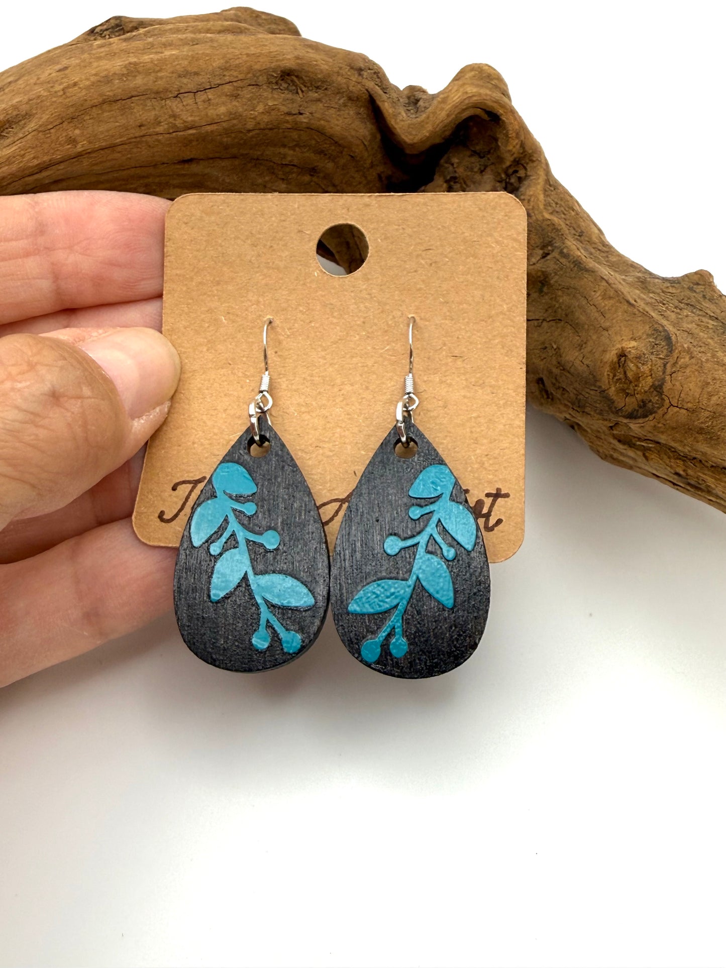 Almost Perfect – Turquoise Botanical Stained Wood Earrings