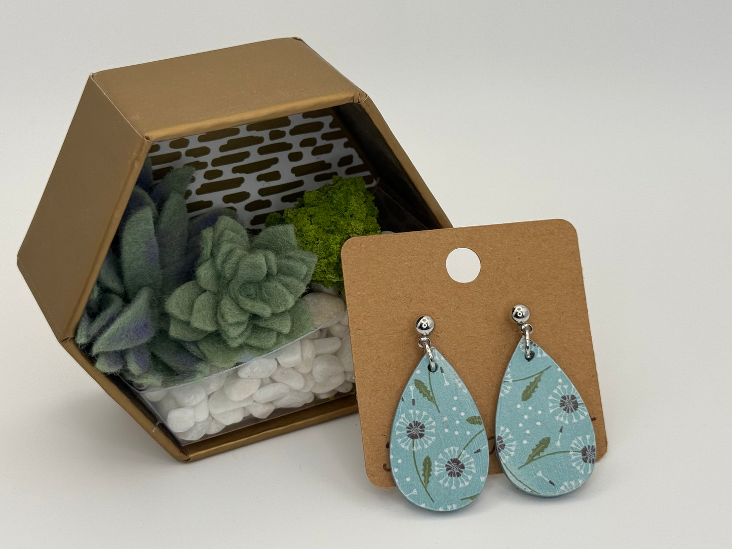 Dandelion Sky Wood Stud Earrings | Botanical Teardrop Earrings