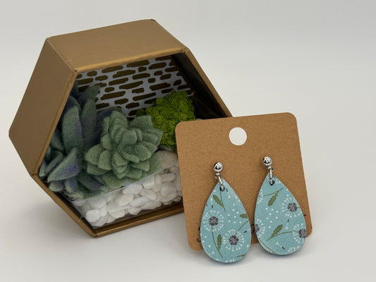 Dandelion Sky Wood Stud Earrings | Botanical Teardrop Earrings