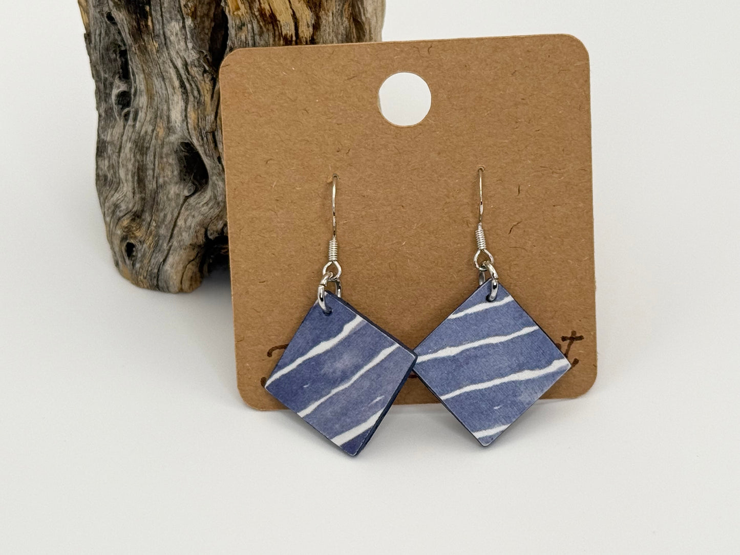 Modern Blue Marble Wood Earrings | Lightweight Geometric Dangles