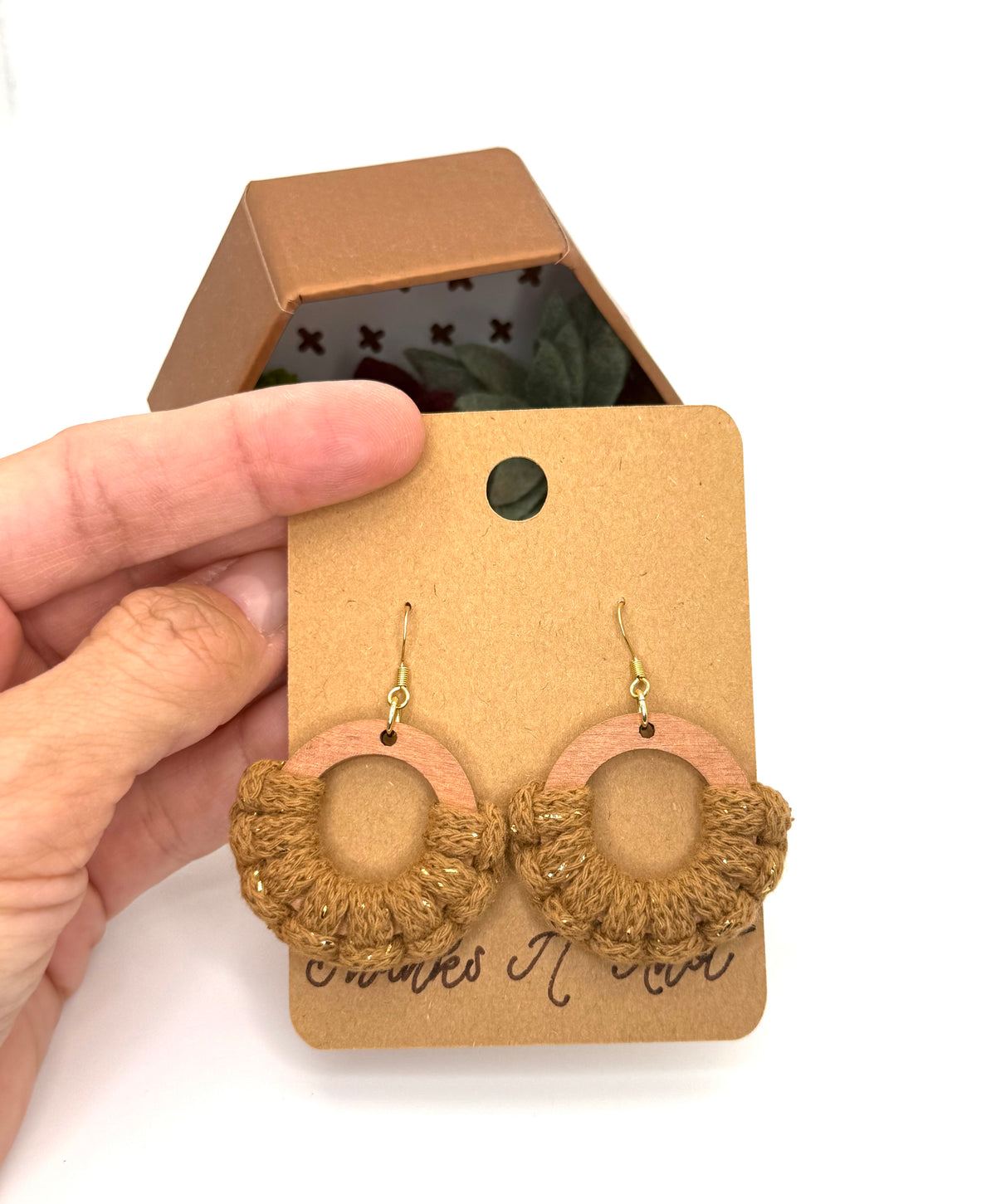 Hand-Painted Wood & Macrame Earrings | Golden Brown