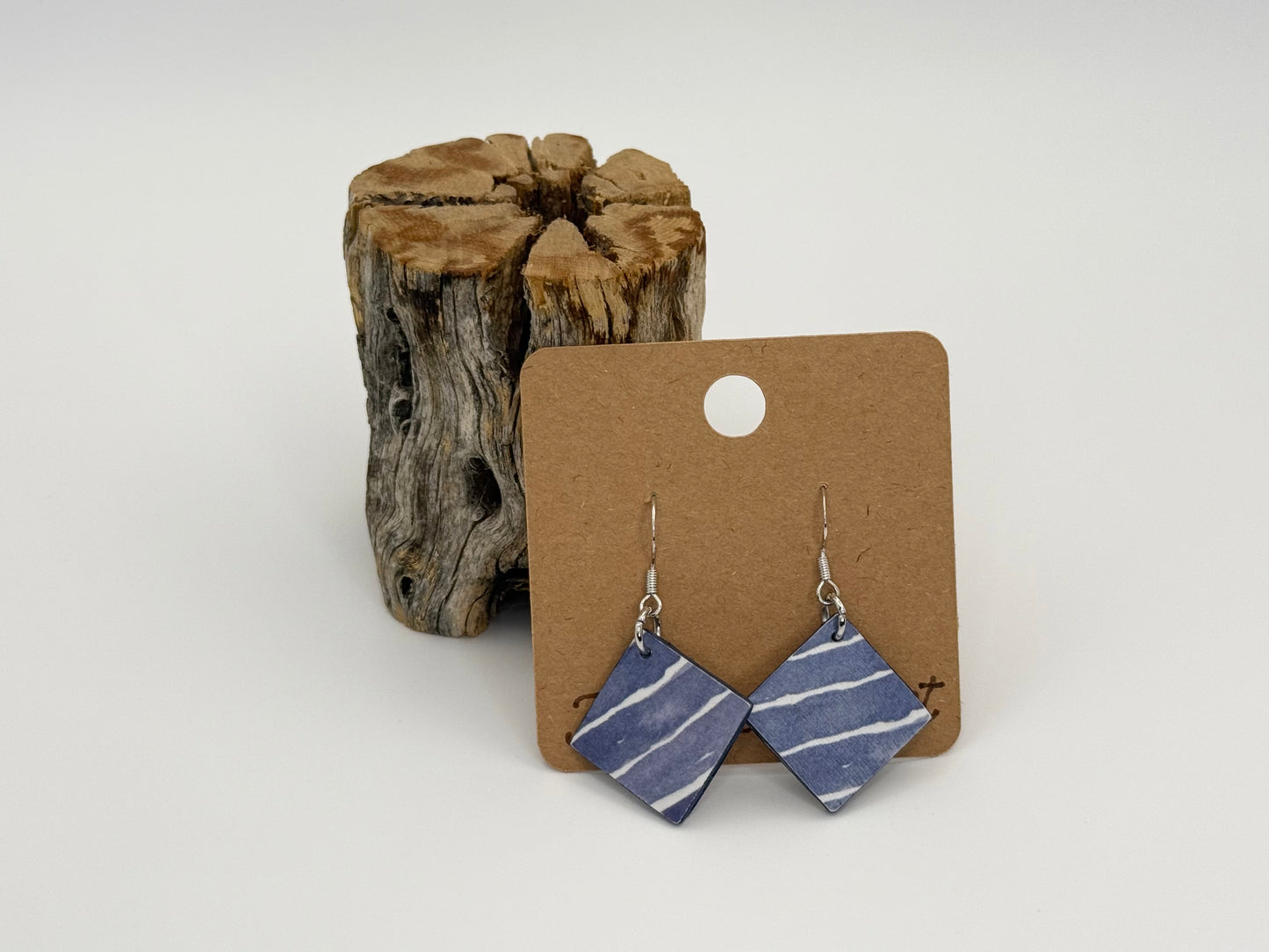 Modern Blue Marble Wood Earrings | Lightweight Geometric Dangles
