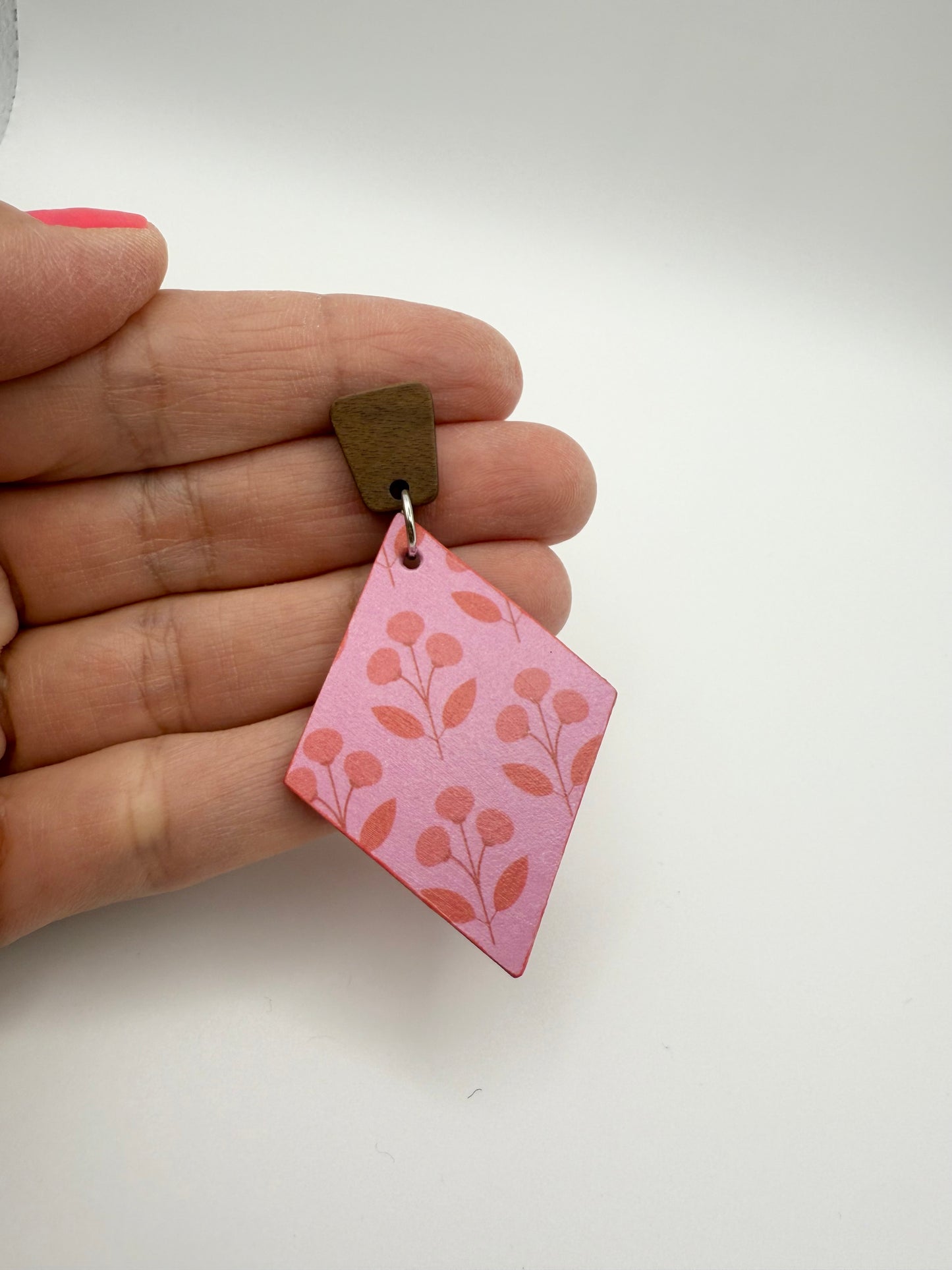 Wood and decoupage stud dangle earrings