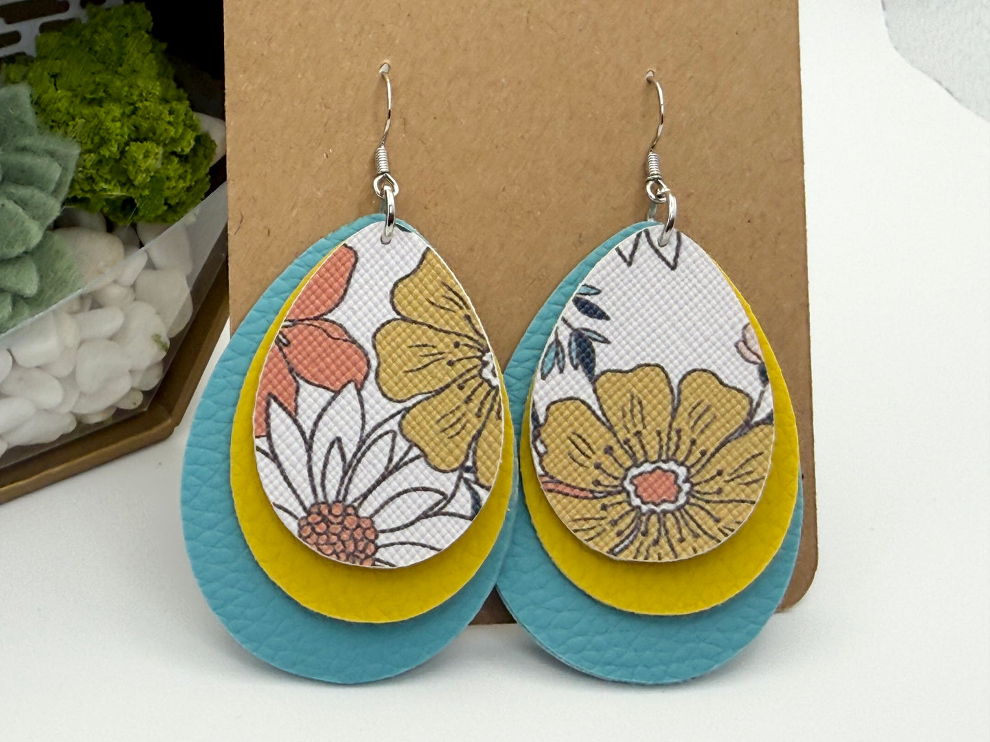 Colorful Floral Faux Leather Earrings | Layered Teardrop Statement Earrings