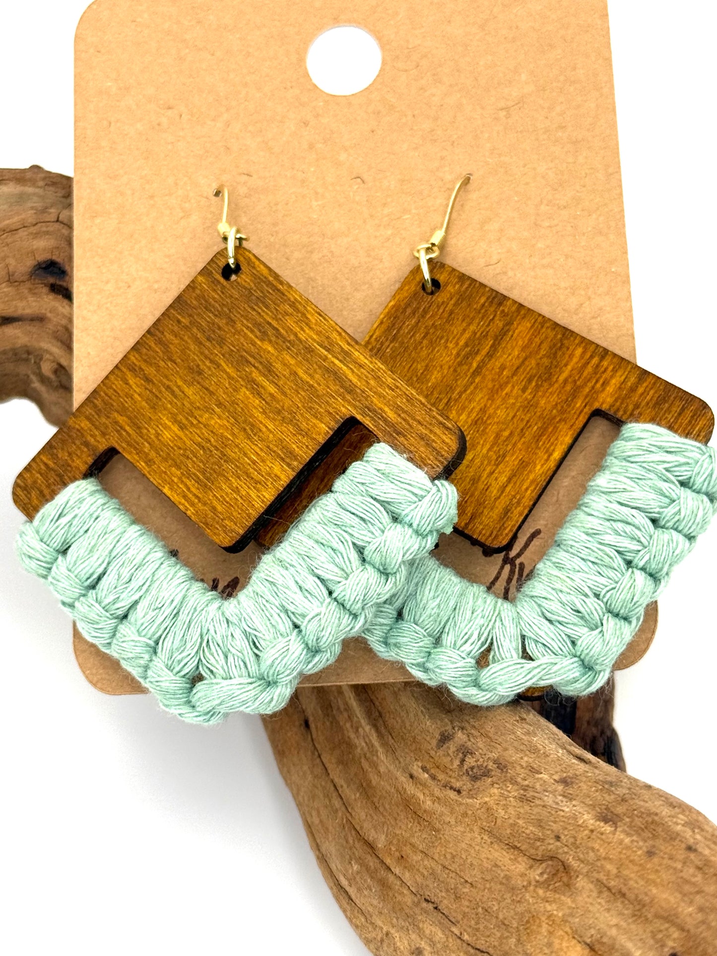 Turquoise Macramé Wood Earrings | Hand Knotted Geometric Dangles