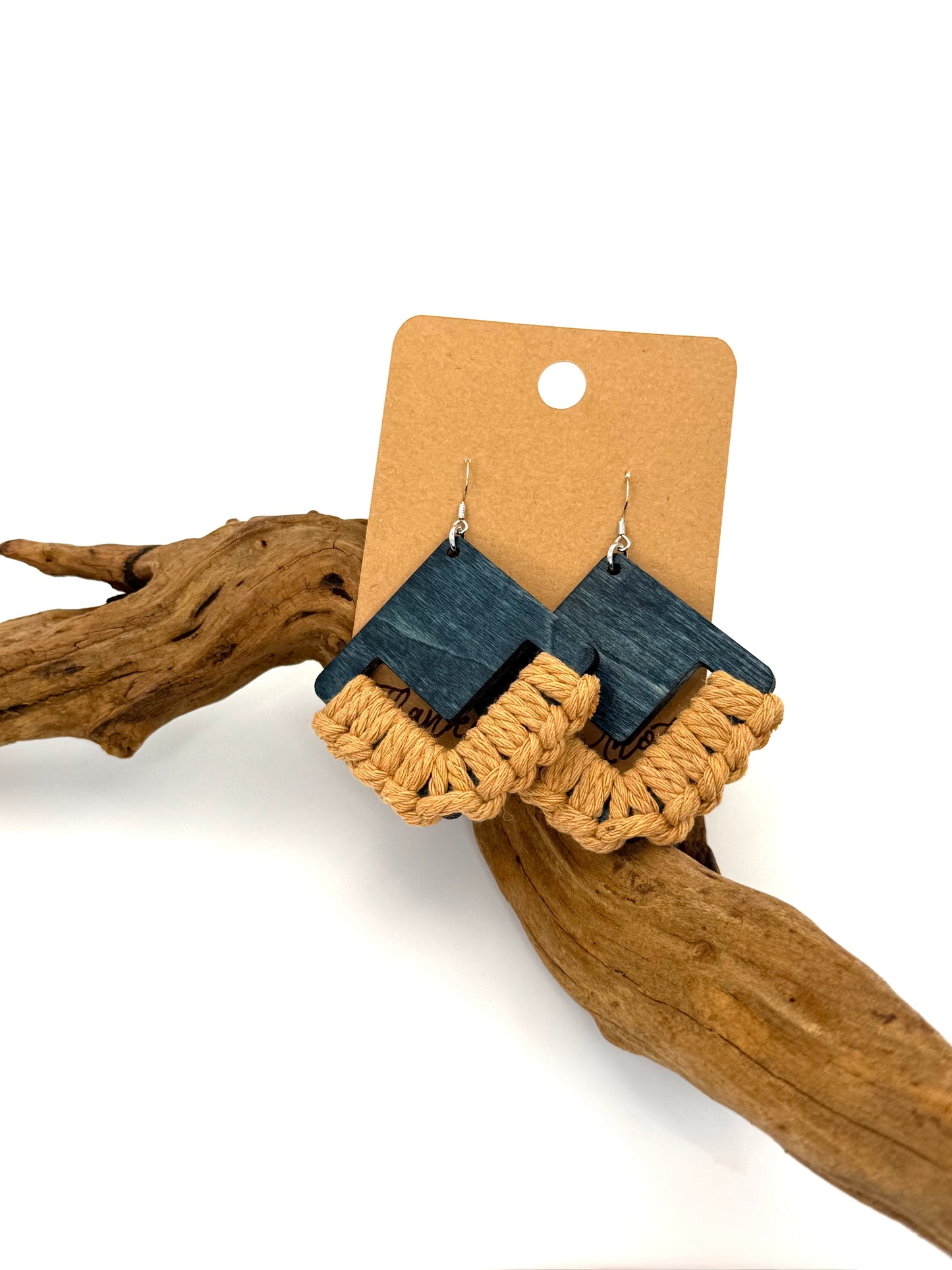 Blue Gray Wood & Macramé Earrings | Beige Geometric Dangles
