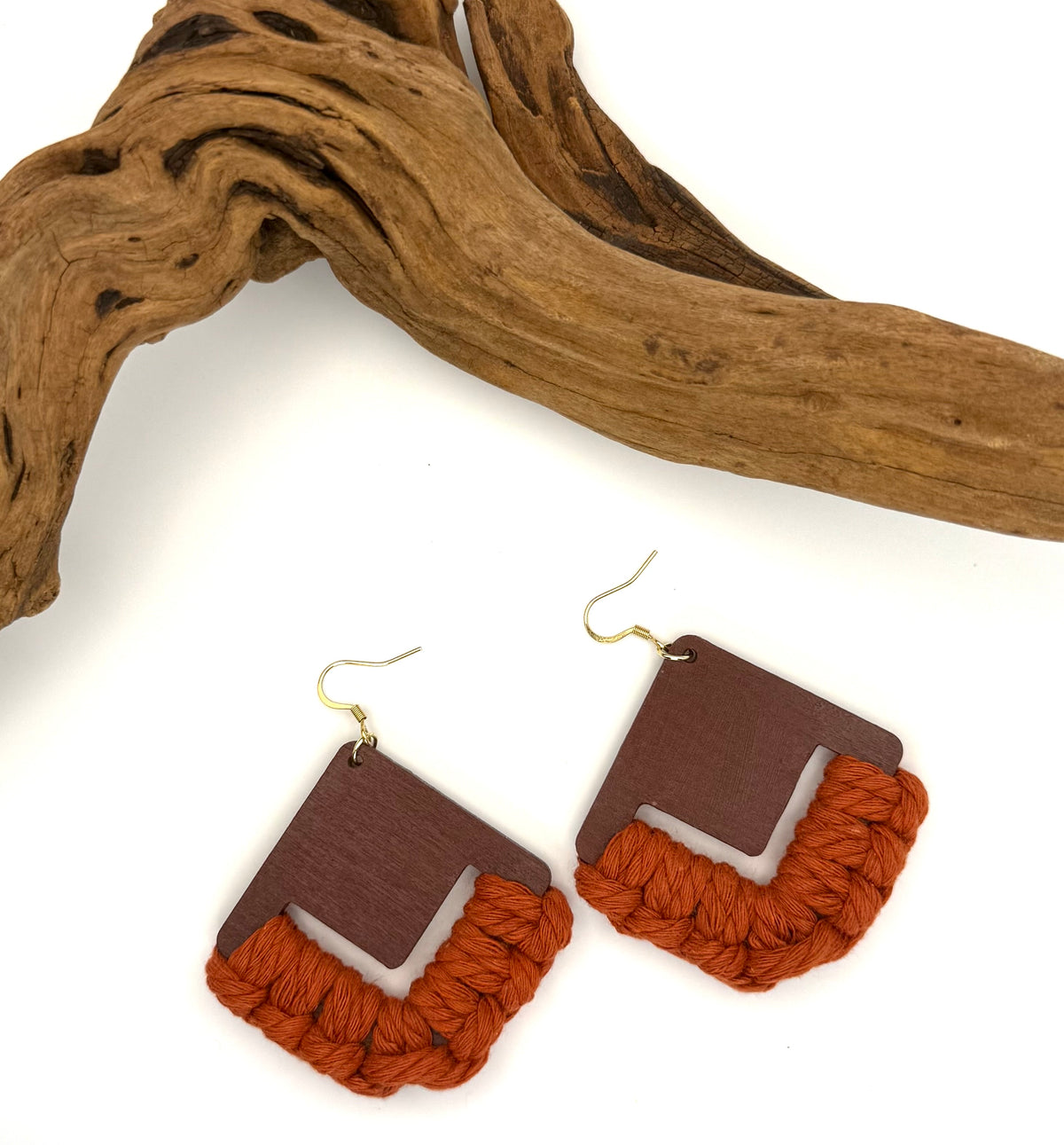 Rust Macrame & Hand-Painted Wood Earrings | Gold Stainless Steel