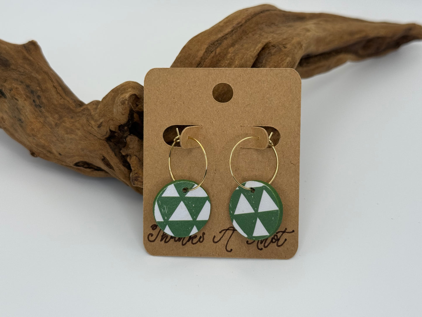 Modern Green Geometric Hoop Earrings | Lightweight Wood Hoops