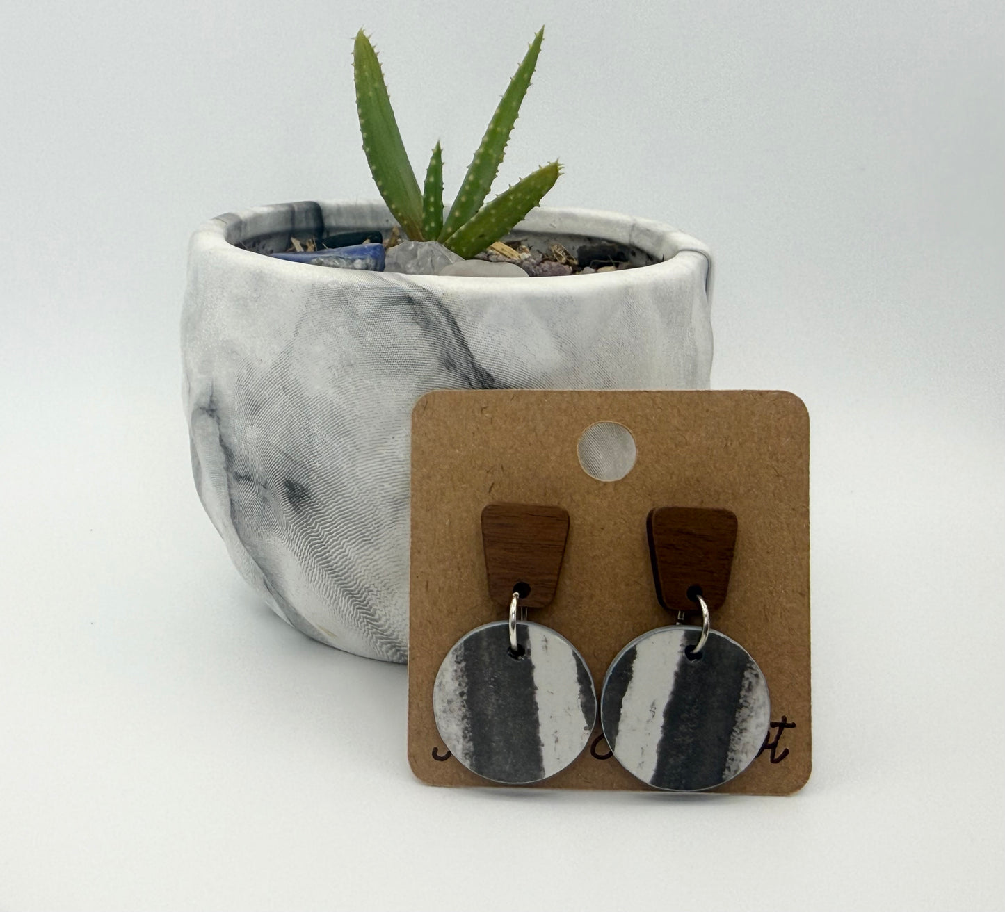 Modern Black and White Wood Earrings | Abstract Circle Drop Earrings