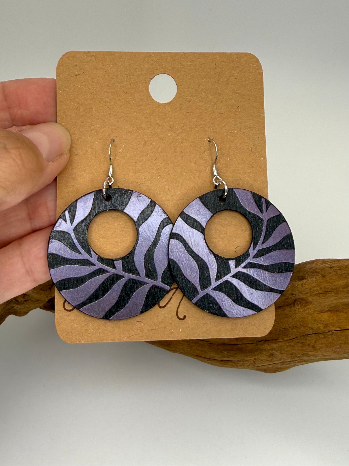 Almost Perfect – Purple Shimmer Botanical Hoop Wood Earrings