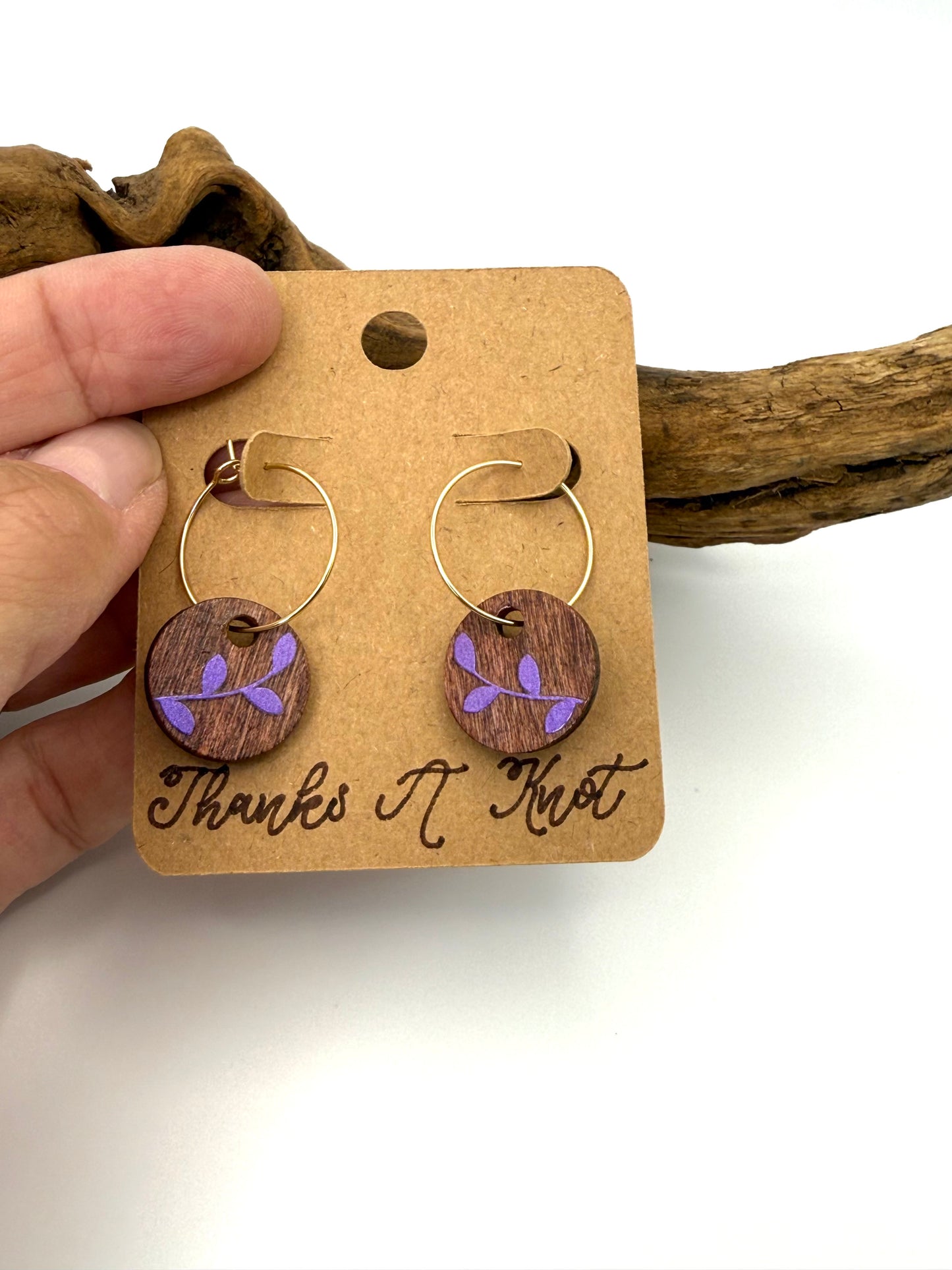 Purple Shimmer Botanical Wood Hoops | Petite Leaf Earrings