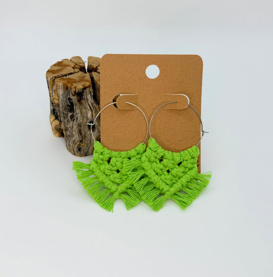 Electric Lime Macrame Fringe Hoops | 35mm Stainless Steel