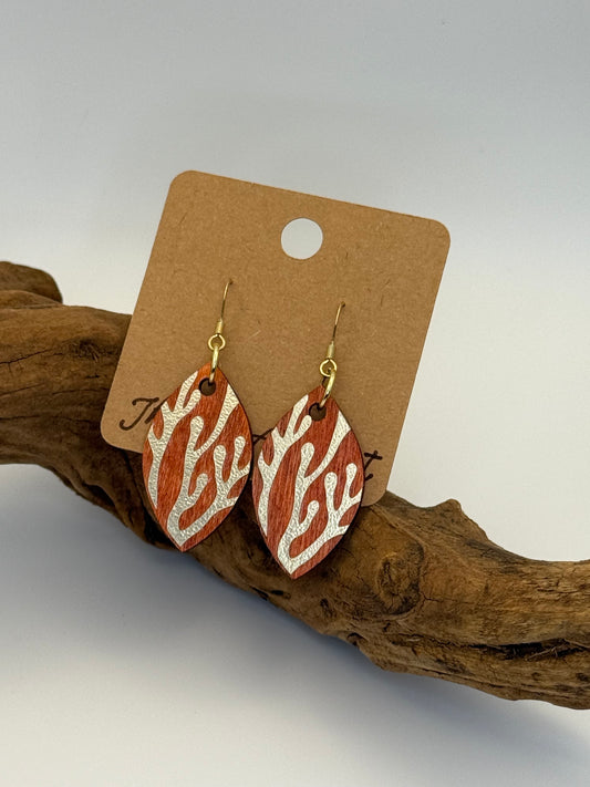 Amber & Gold Coral Wood Earrings | Metallic Coastal Dangles