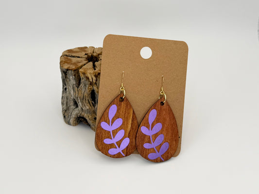 Modern Stained Wood Botanical Earrings | Purple Holographic Leaf Dangles