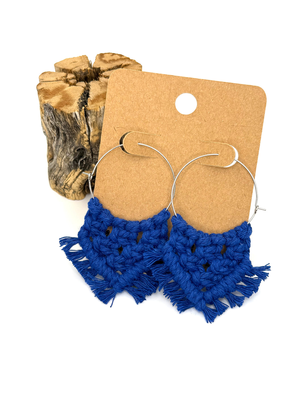 Cobalt Blue Macramé Hoop Earrings | Stainless Steel Statement Hoops
