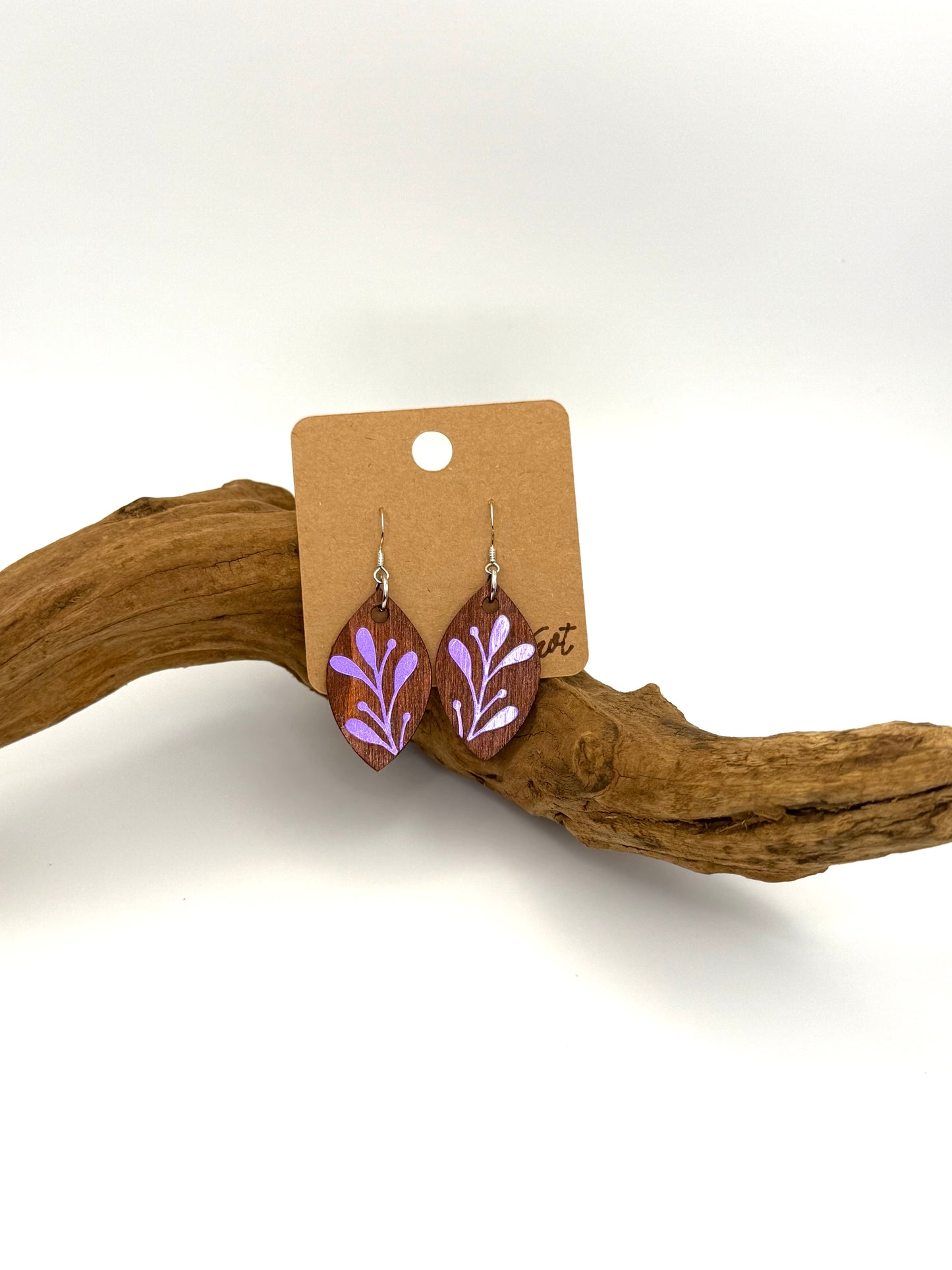 Purple Holographic Botanical Wood Earrings | Petite Leaf Dangles