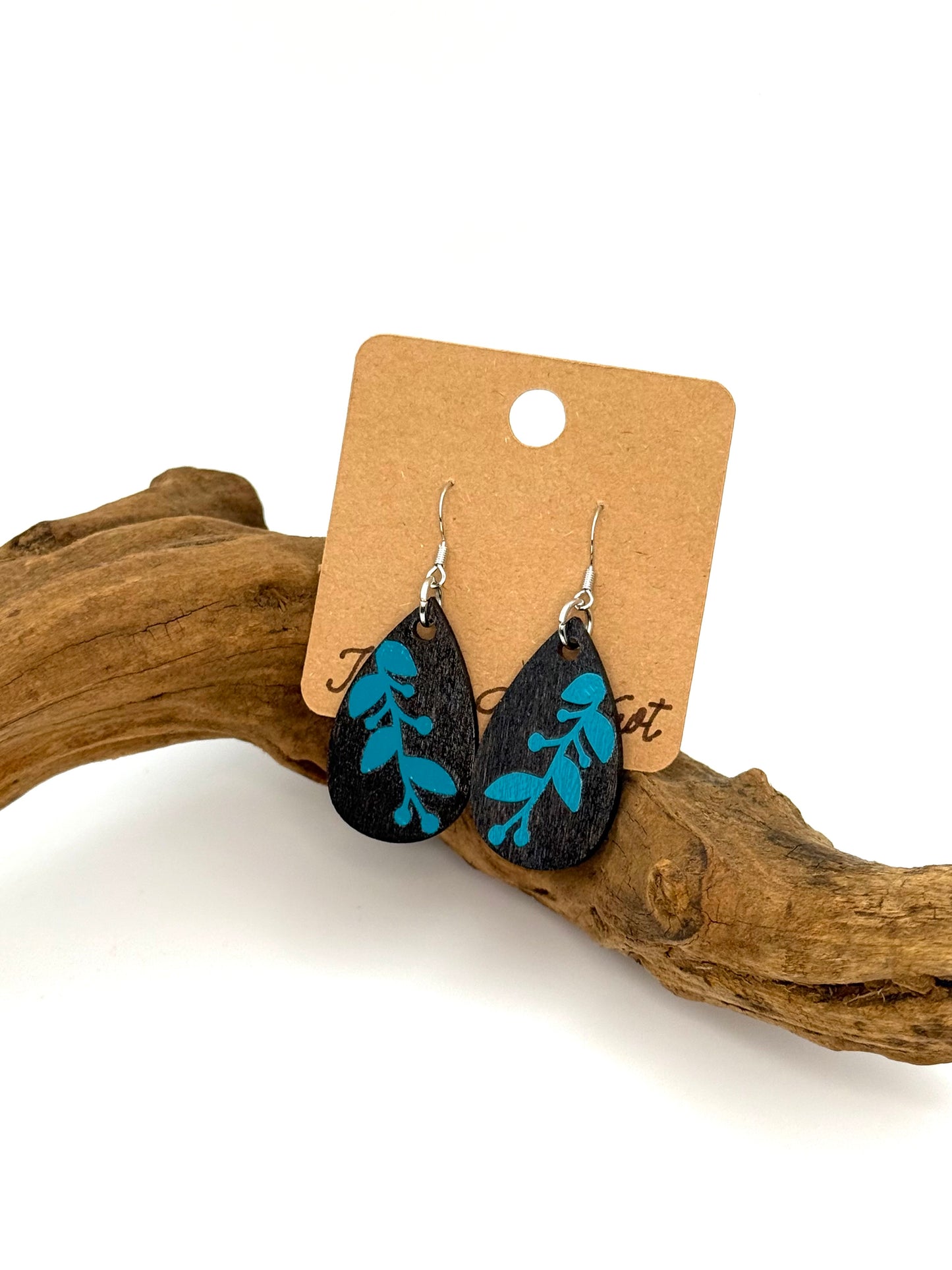 Almost Perfect – Turquoise Botanical Stained Wood Earrings