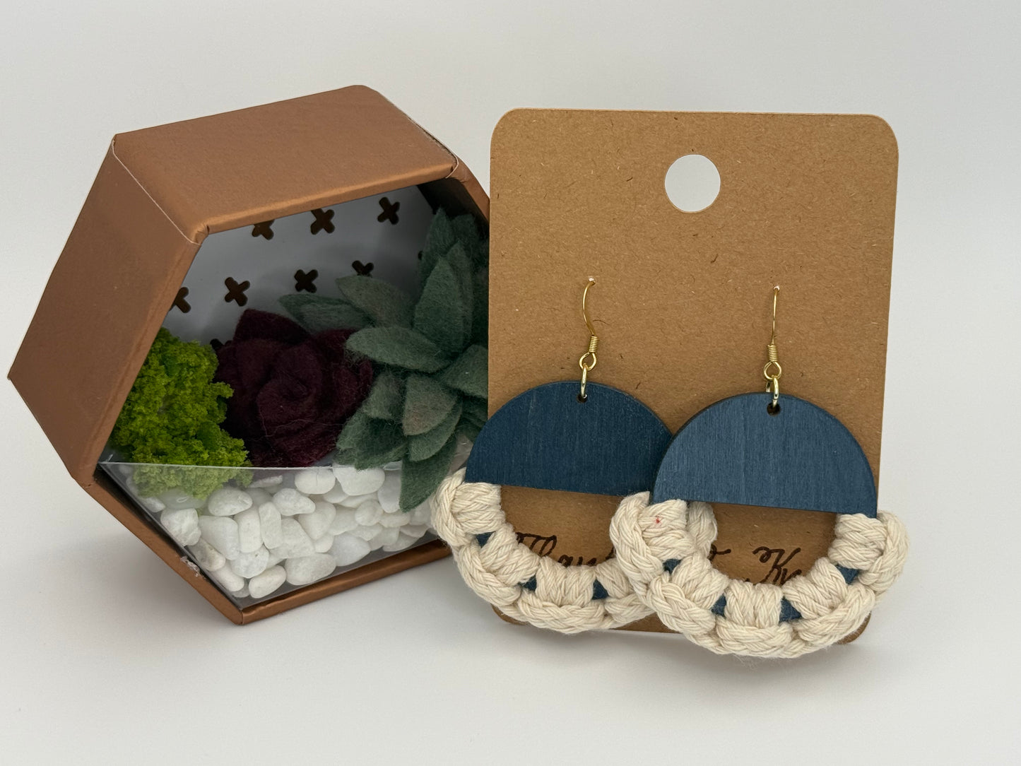 Midnight Macramé Wood Earrings | Hand-Painted Wood & Fiber Art Statement Earrings