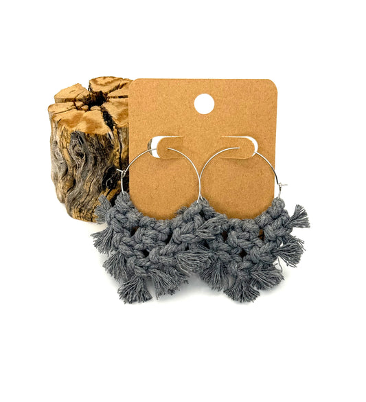 Gray Macramé Hoop Earrings | Hand-Knotted Statement Hoops