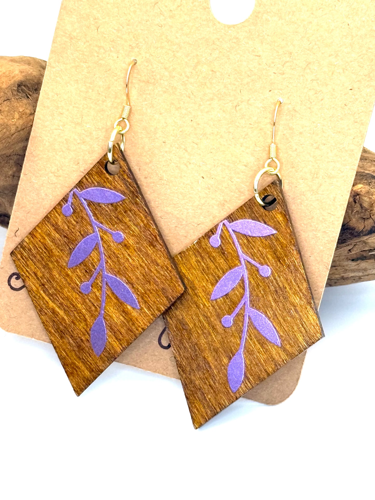 Almost Perfect – Purple Holographic Botanical Wood Earrings