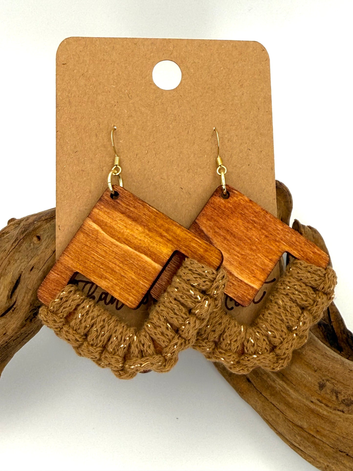 Warm Brown Wood & Macramé Earrings | Gold Fleck Statement Dangles