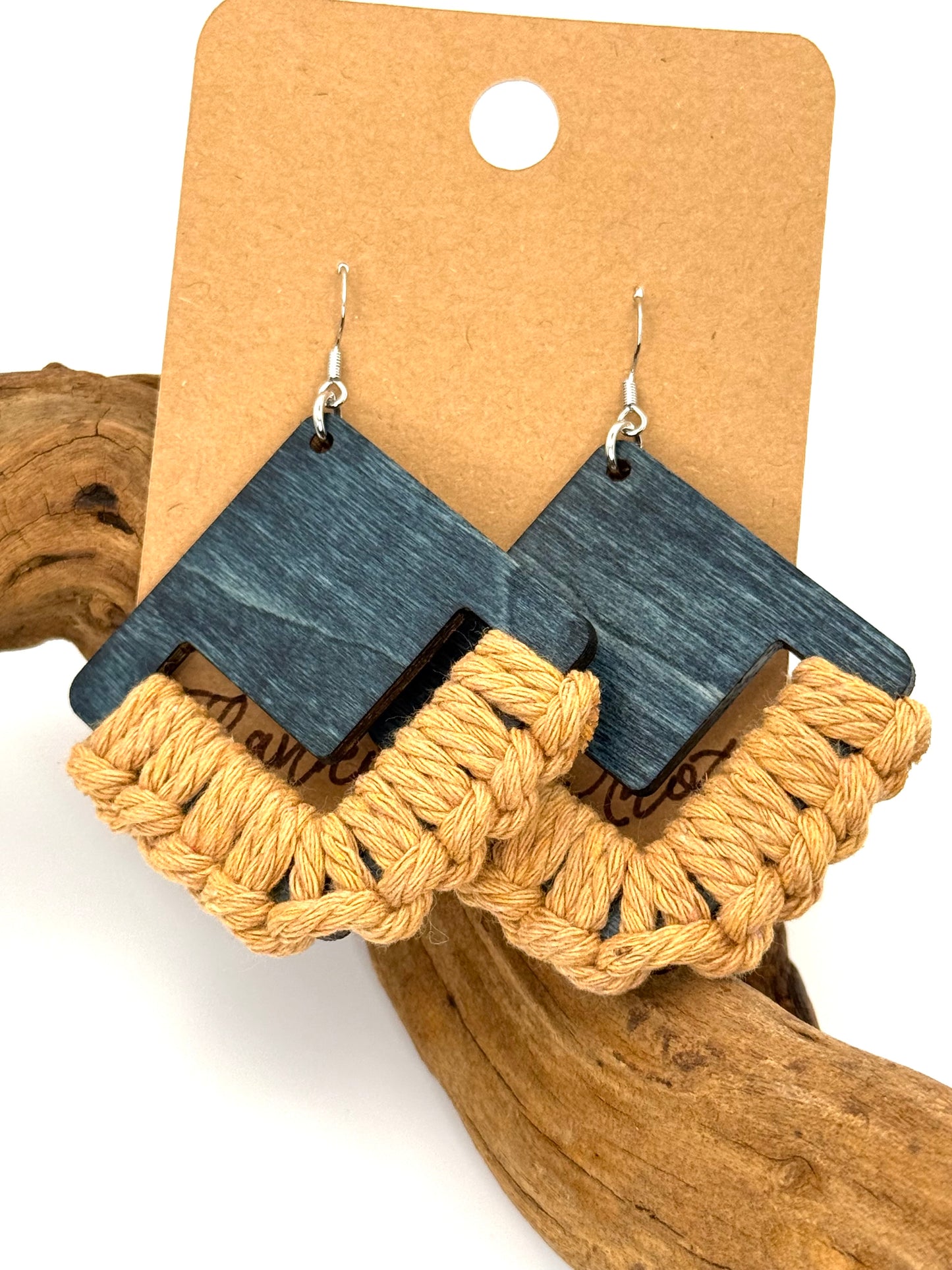 Blue Gray Wood & Macramé Earrings | Beige Geometric Dangles