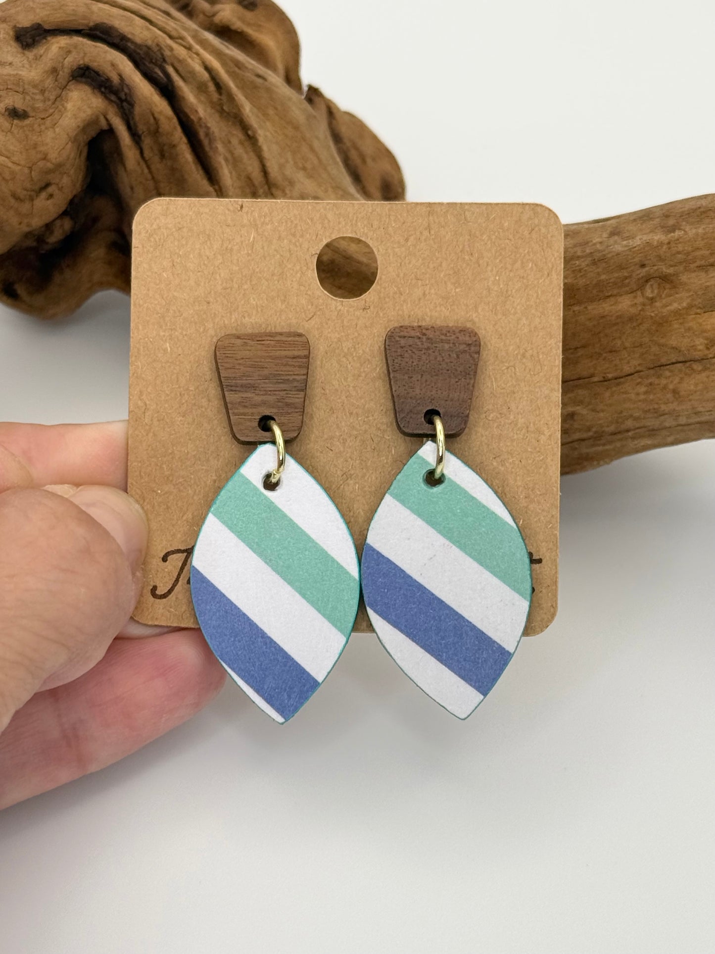 Modern Coastal Stripe Wood Earrings | Lightweight Statement Drop