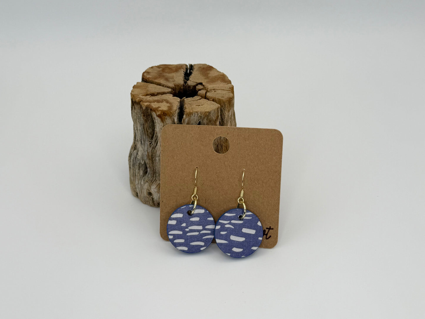 Modern Blue Pattern Wood Earrings | Lightweight Drop Style