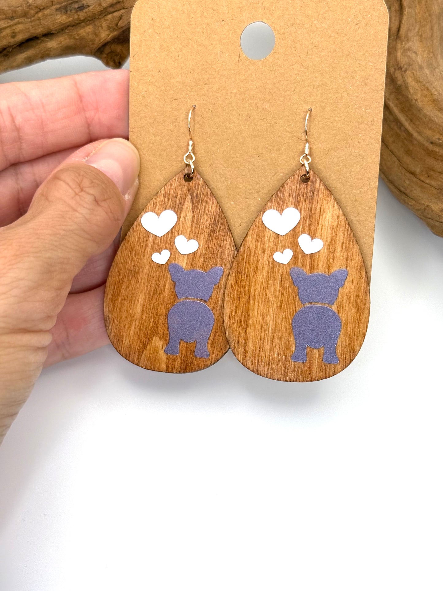 French Bulldog Wood Earrings | Purple Frenchie & Heart Dangles