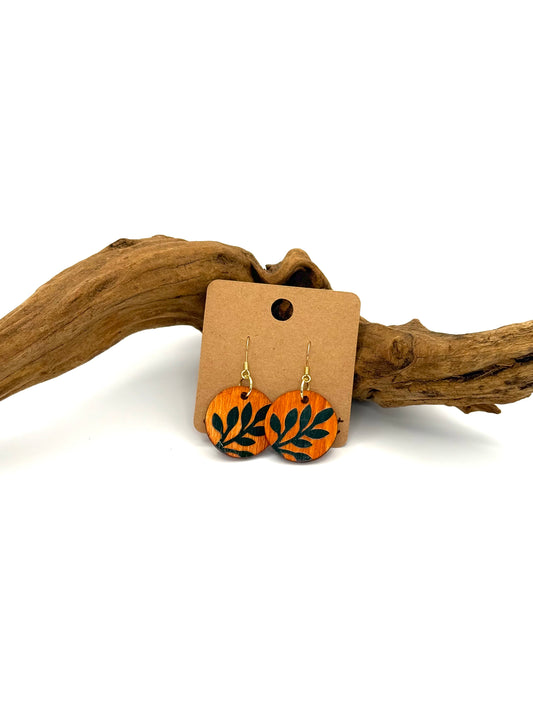 Amber Nature Inspired Wood Earrings | Dark Green Leaf Dangles
