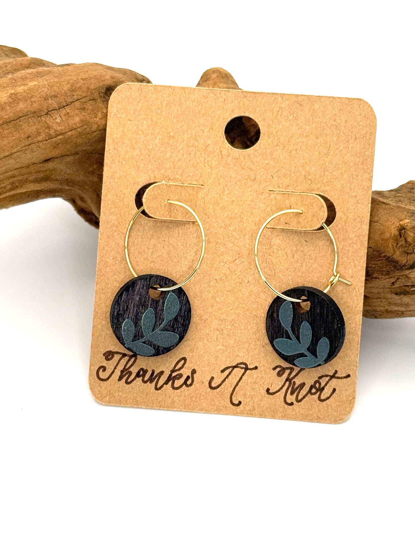 Black Botanical Wood Hoop Earrings | Shimmer Leaf Dangles