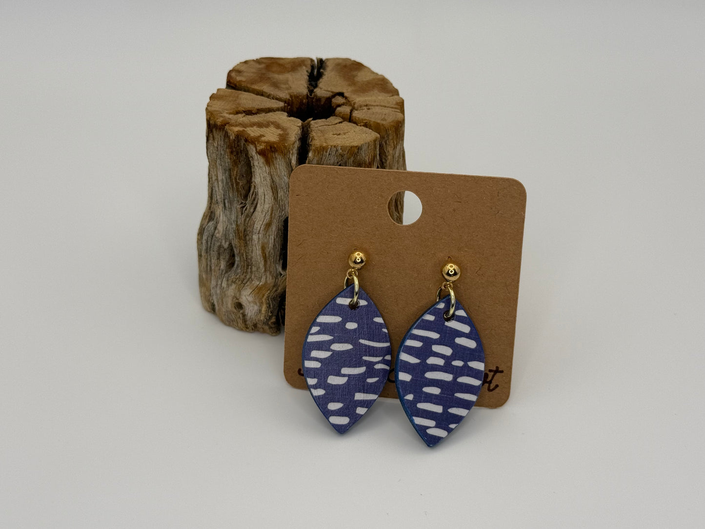 Blue Pattern Wood Earrings | Lightweight Drop OR Stud Style