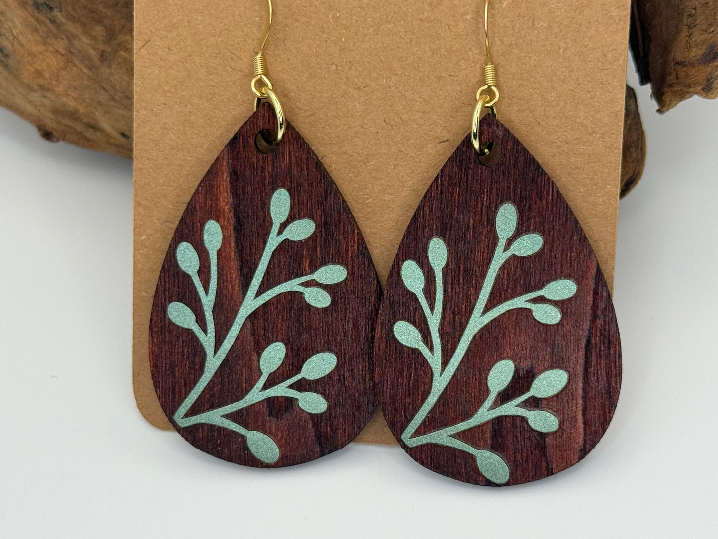 Modern Stained Wood Botanical Earrings | Sage Holographic Leaf Dangles